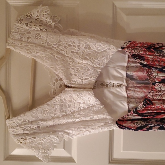 Lace top peekaboo Soieblu funky pants pattern jumpsuit worn 1x - Picture 4 of 5